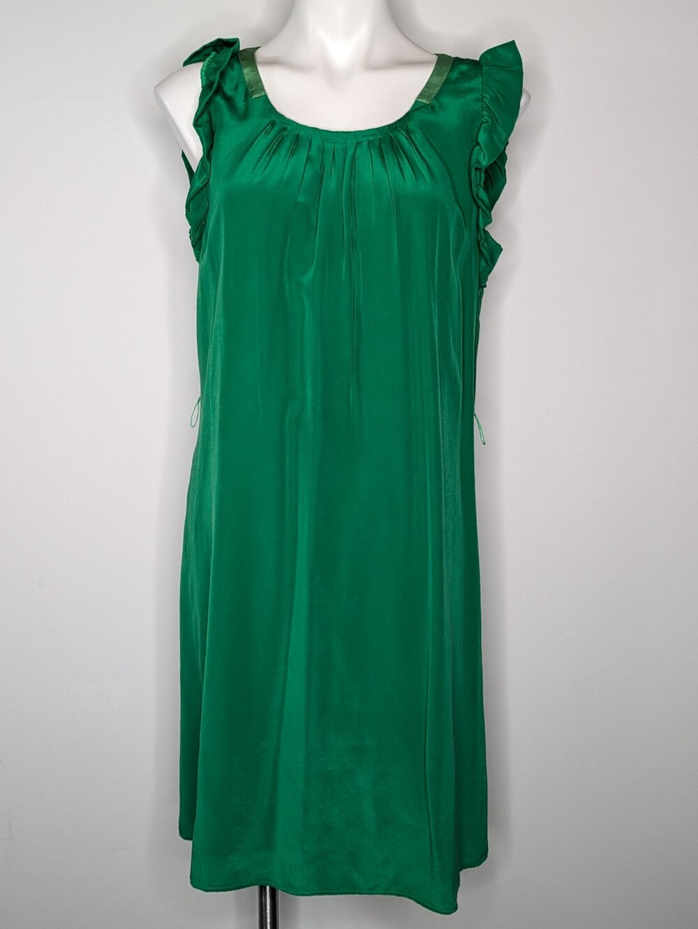 Anthro Girls From Savoy Green Satin Ruffle Cap Sleeve Silk Midi Dress S